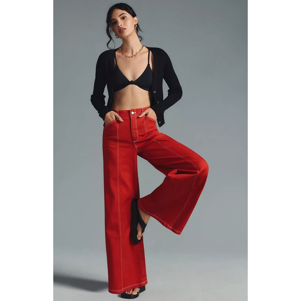 Maeve Seamed High-Rise Wide-Leg Jeans Women 31 Red Anthropologie Denim Pants
